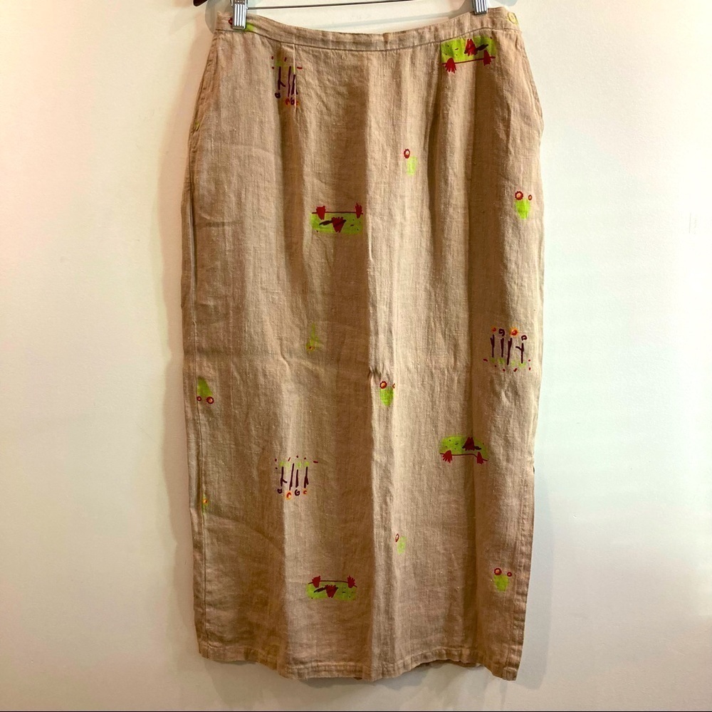 MILL VALLEY Sz XL 100%  Linen Made in the USA Slit Modest Colourful Design Skirt